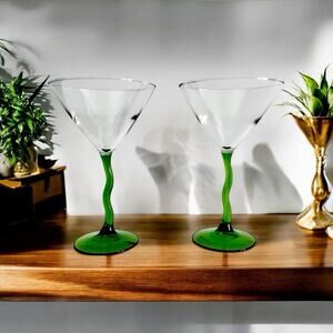 Libbey Courbe Martini Glasses Wavy Green Stems Crooked Zig Zag Barware